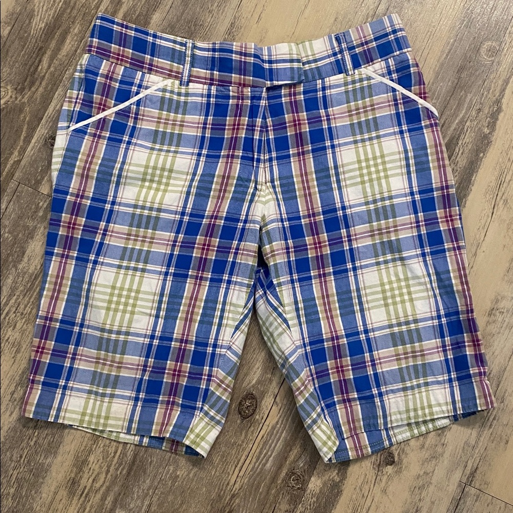 Peter Millar Women's Bermuda Gold Shorts Blue Tan Pink Plaid Size 4
